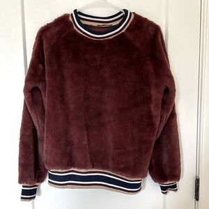 ZARA soft maroon sweatshirt with striped neck, wrist, and waist elastic band.